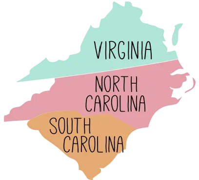 Map highlighting Virginia, North Carolina, and South Carolina — the three states served by Memory Care Foundation